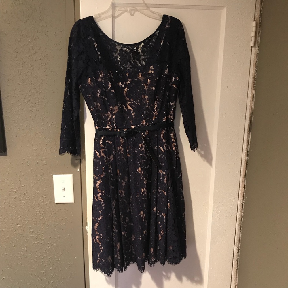 Eliza J Belted Fit and Flare Lace Dress